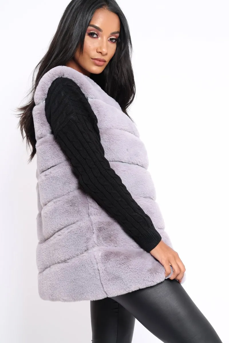 Grey Faux Fur Striped Gilet - Ida