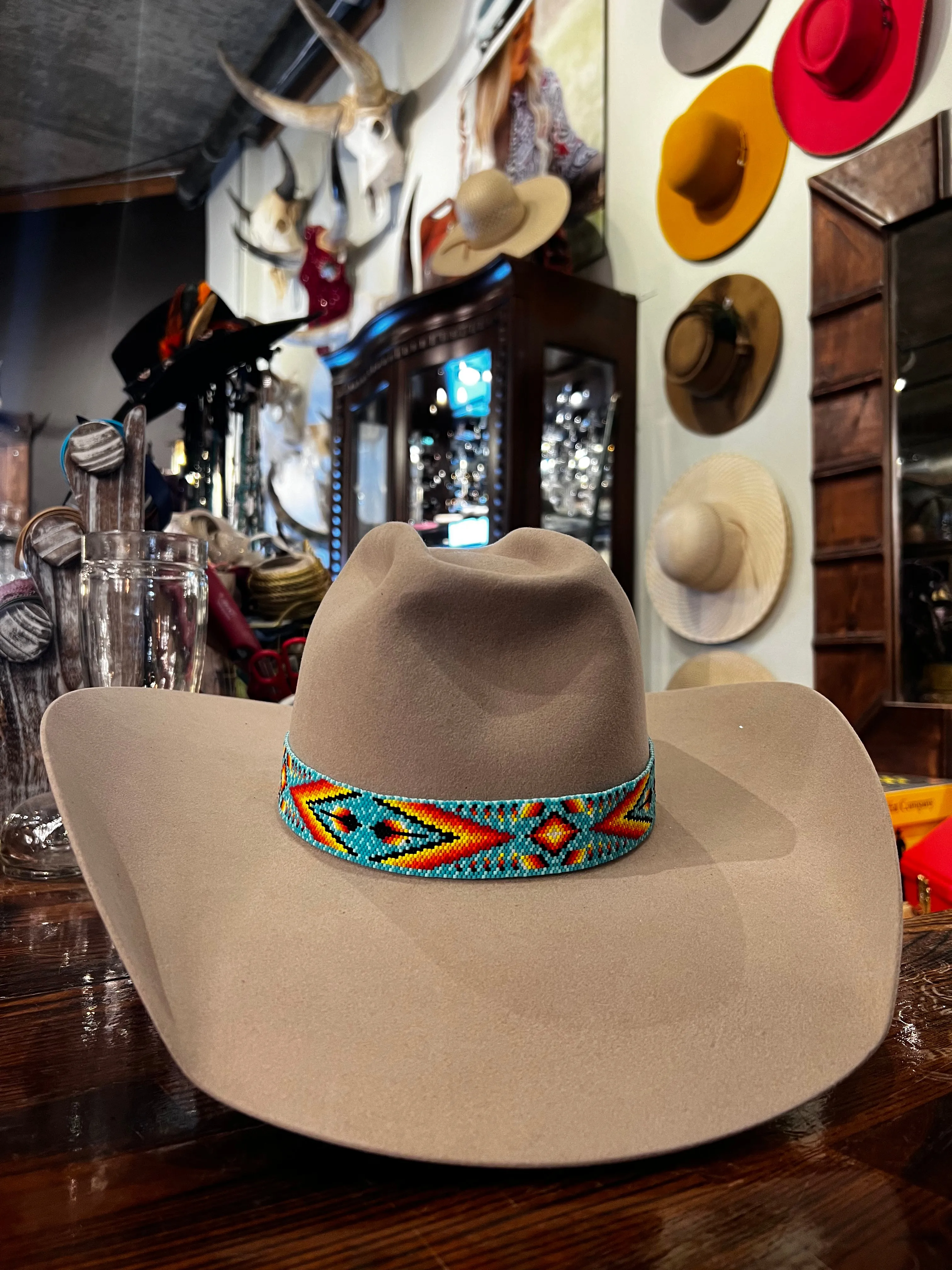 Hand Beaded Hat Band - Turquoise Sunset