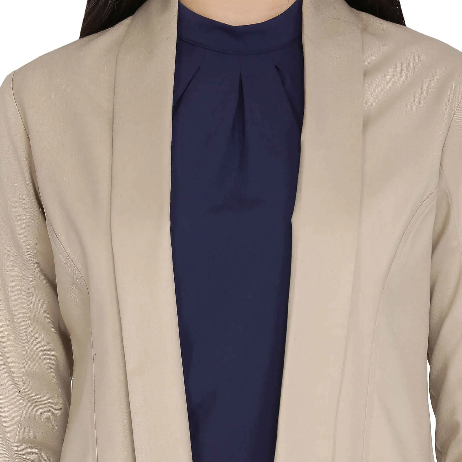 Hazel Wood Beige Open Front Shawl Lapel Blazer 