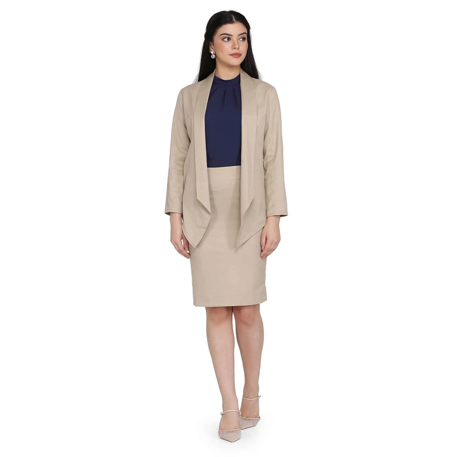 Hazel Wood Beige Open Front Shawl Lapel Blazer 