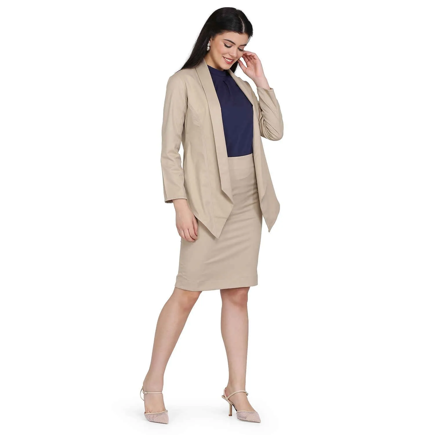 Hazel Wood Beige Open Front Shawl Lapel Blazer 