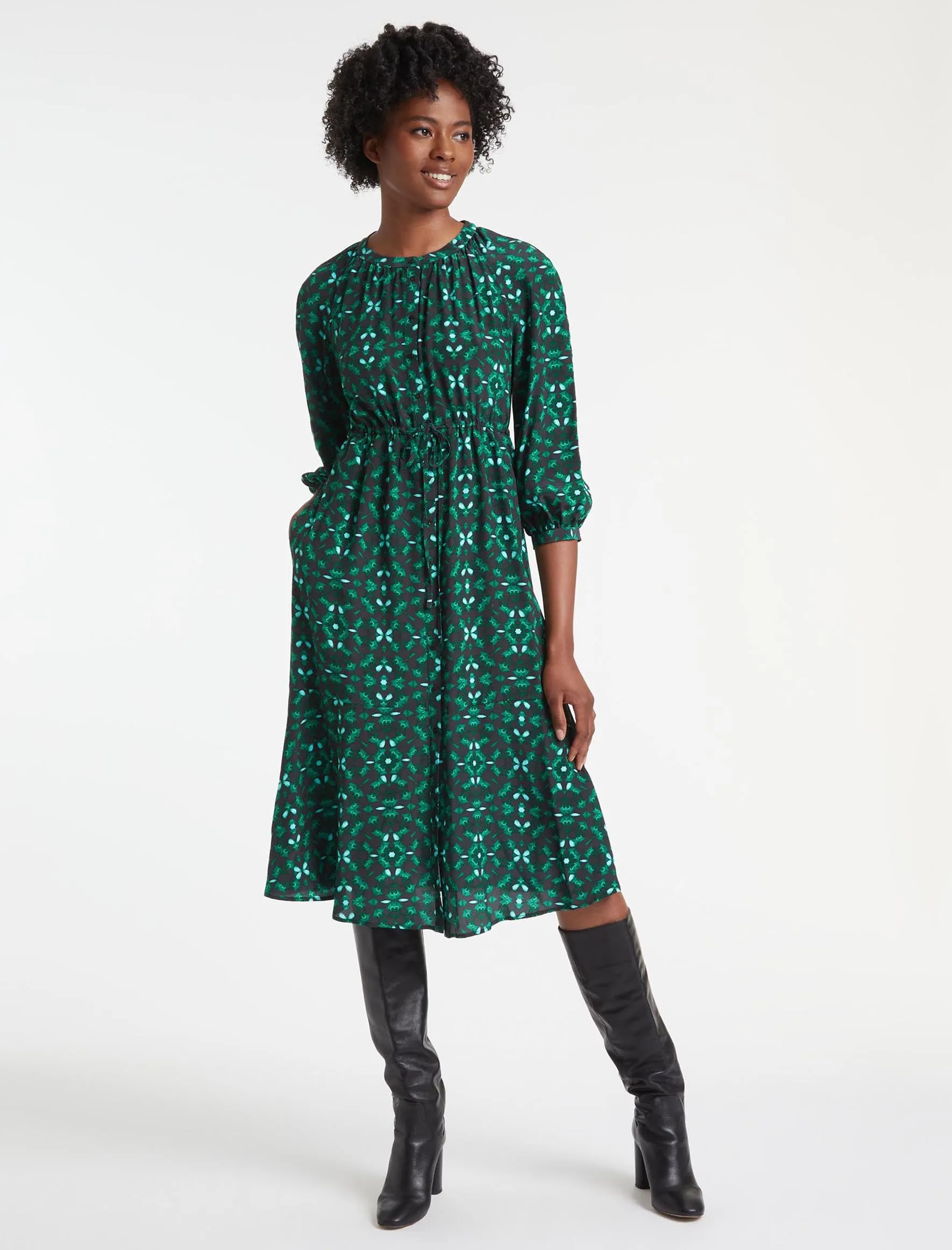 Heidi Silk Maxi Shirt Dress - Green Shibori Print