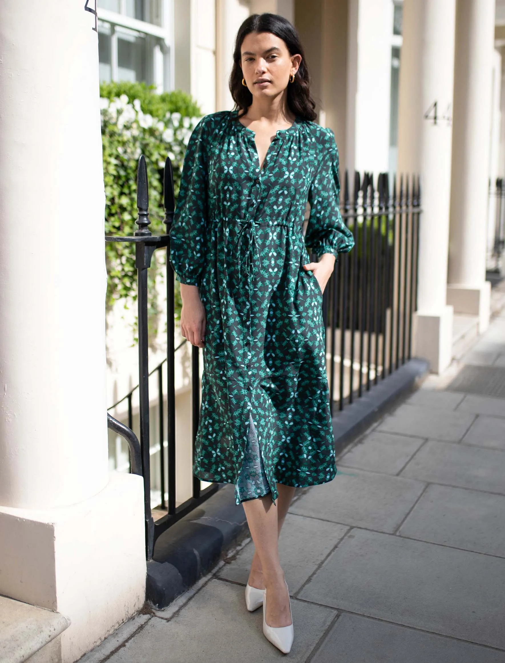 Heidi Silk Maxi Shirt Dress - Green Shibori Print