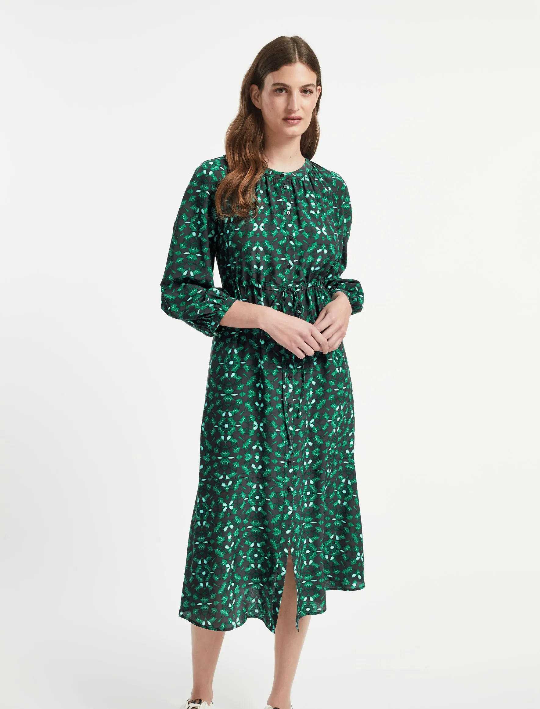 Heidi Silk Maxi Shirt Dress - Green Shibori Print