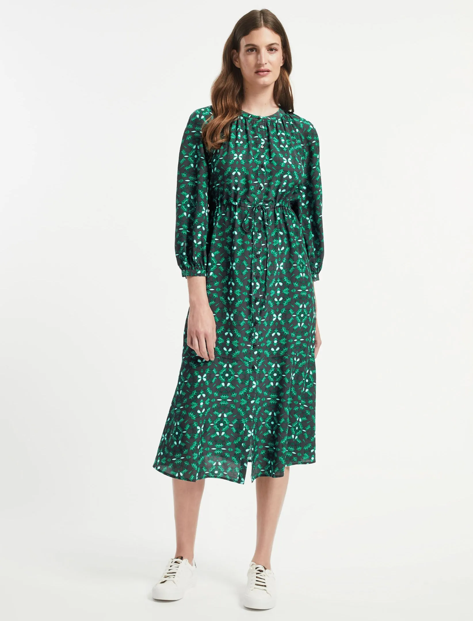 Heidi Silk Maxi Shirt Dress - Green Shibori Print