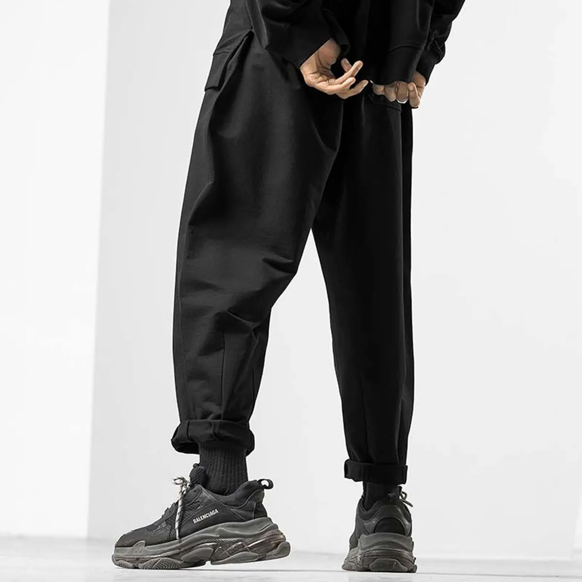 High Waist Drawstring Plain Loose Fit Black Sweatpants