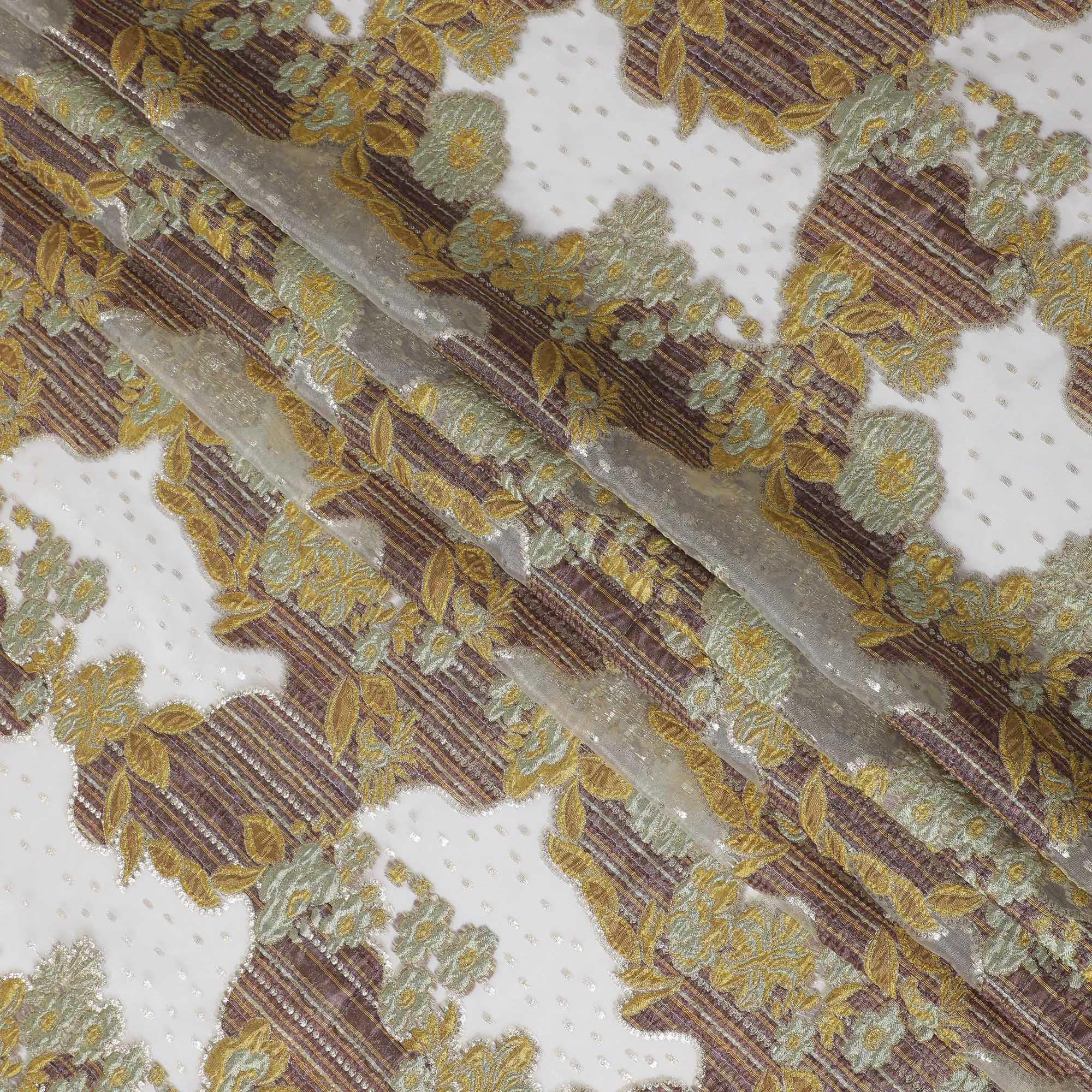 Ivory, Gold, and Olive Synthetic Brocade Fabric with Textured Floral Design - 140 cm Width-D19806