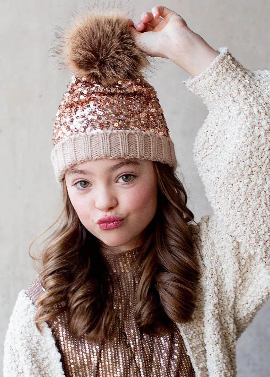 Joyfolie Chloe Girls Sequin Pom Hat in Gold