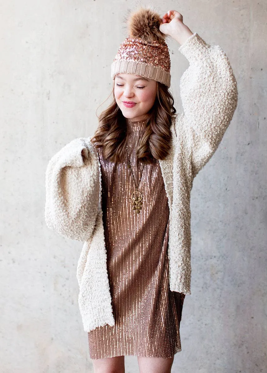 Joyfolie Chloe Girls Sequin Pom Hat in Gold