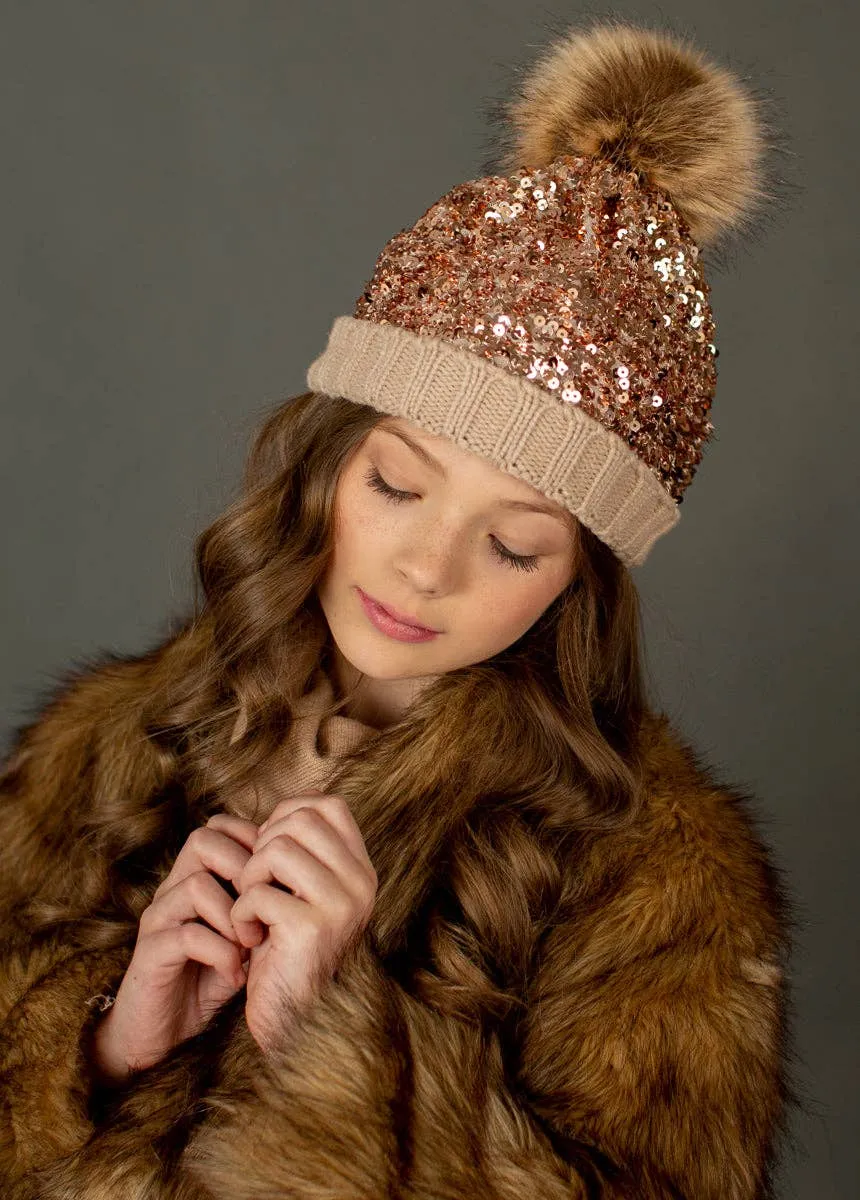 Joyfolie Chloe Girls Sequin Pom Hat in Gold