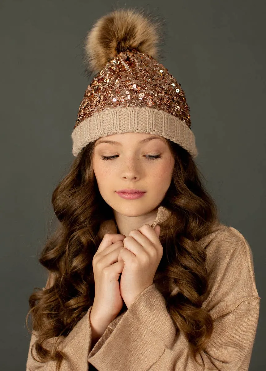 Joyfolie Chloe Girls Sequin Pom Hat in Gold