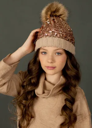 Joyfolie Chloe Girls Sequin Pom Hat in Gold