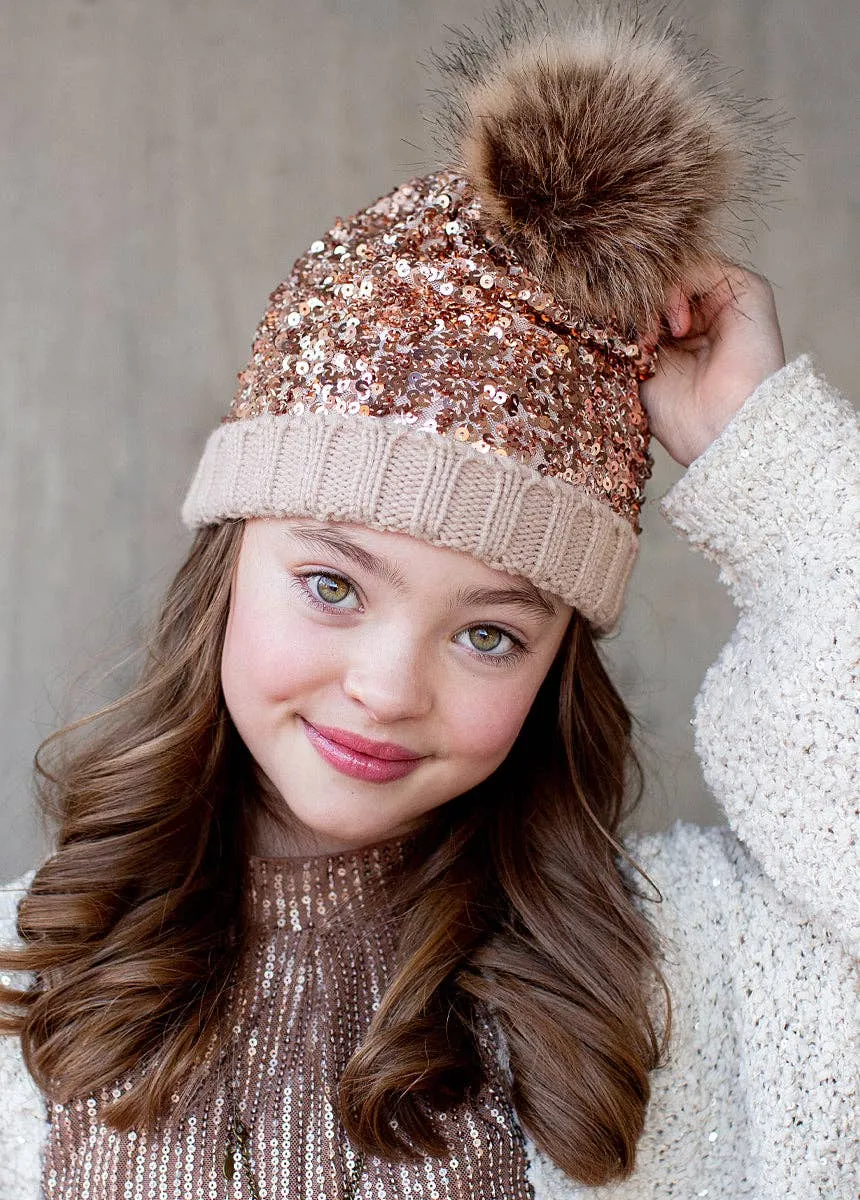 Joyfolie Chloe Girls Sequin Pom Hat in Gold