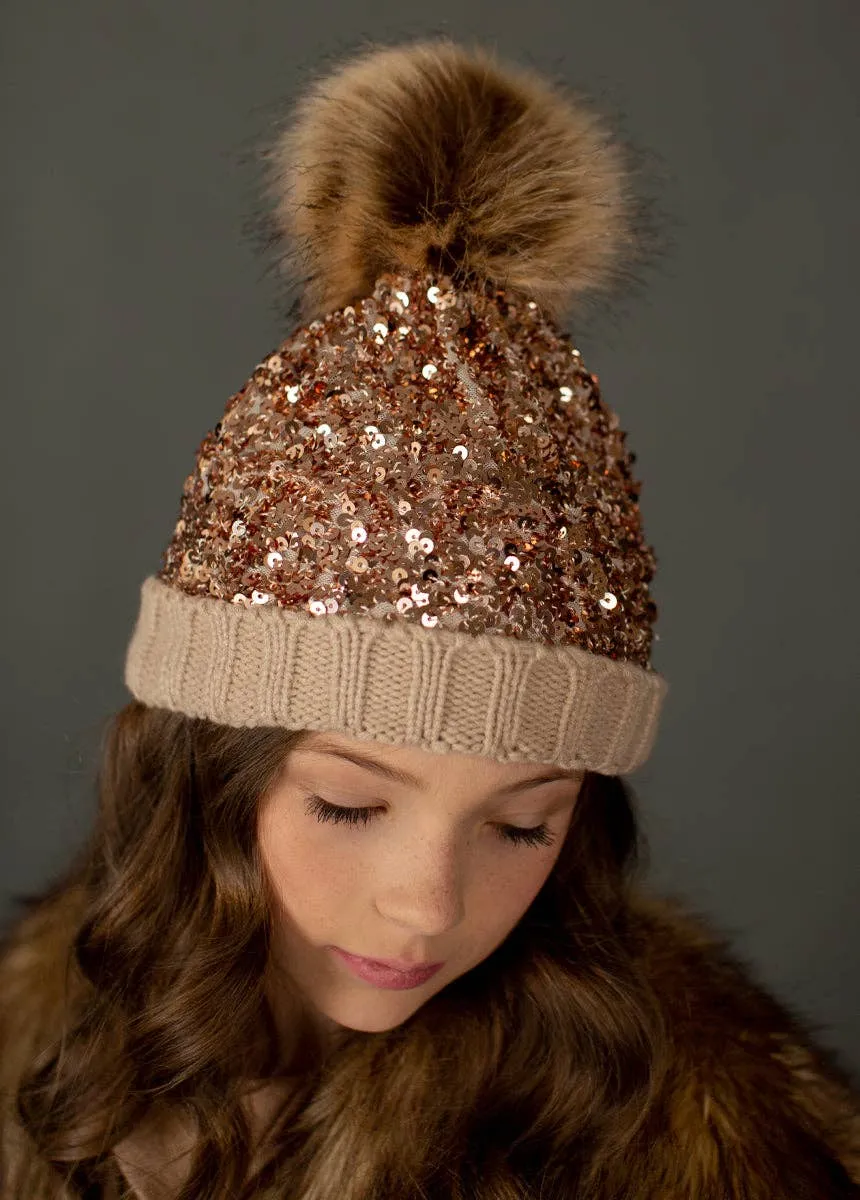 Joyfolie Chloe Girls Sequin Pom Hat in Gold