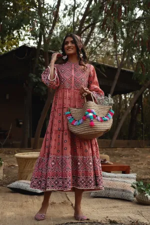 Juniper Peach Geometric Printed Pure Cotton Tiered Maxi Dress.