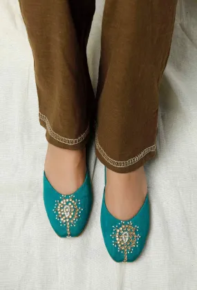 Kalika Teal Raw Silk Zardozi Juttis