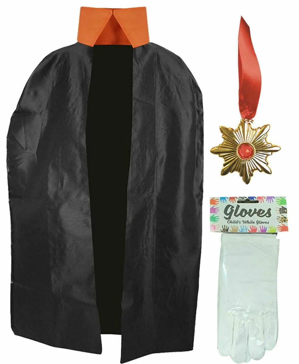 Kids Black Cape Gloves Dracula Medallion World Book Day Fancy Dress Party Set