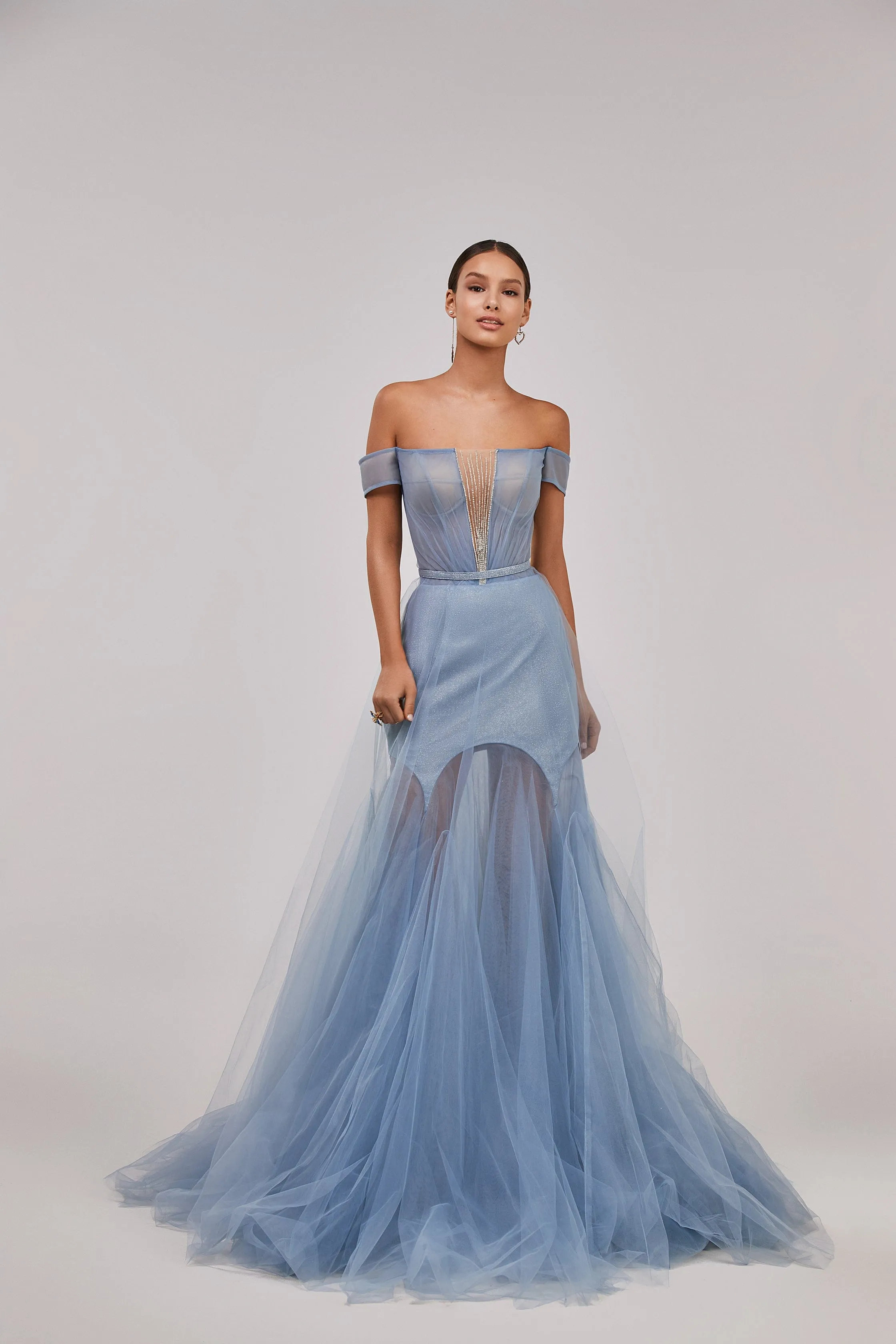 Long off-the-shoulder prom dress with inner skirt