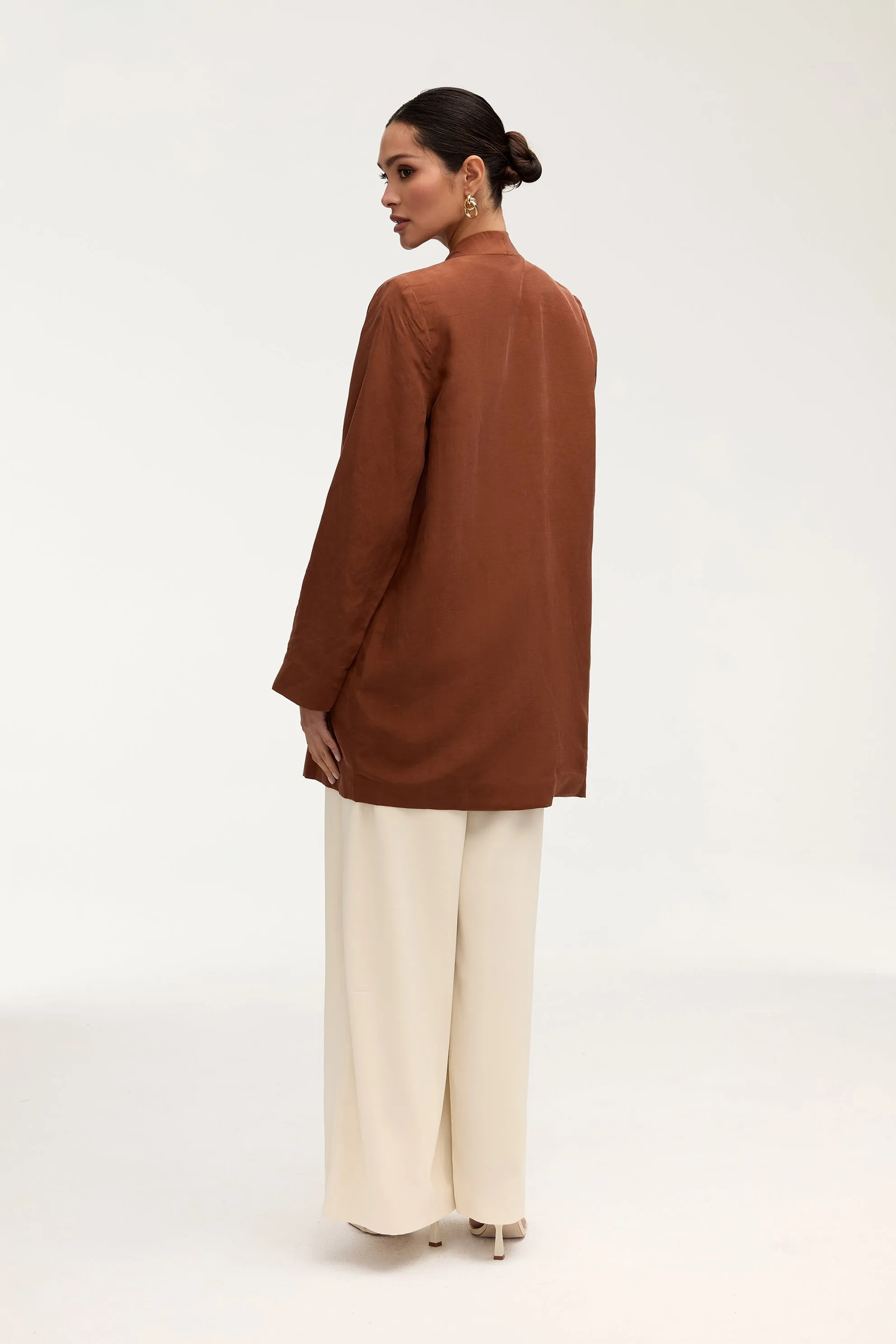 Longline Cupro Linen Oversized Blazer - Baked Clay