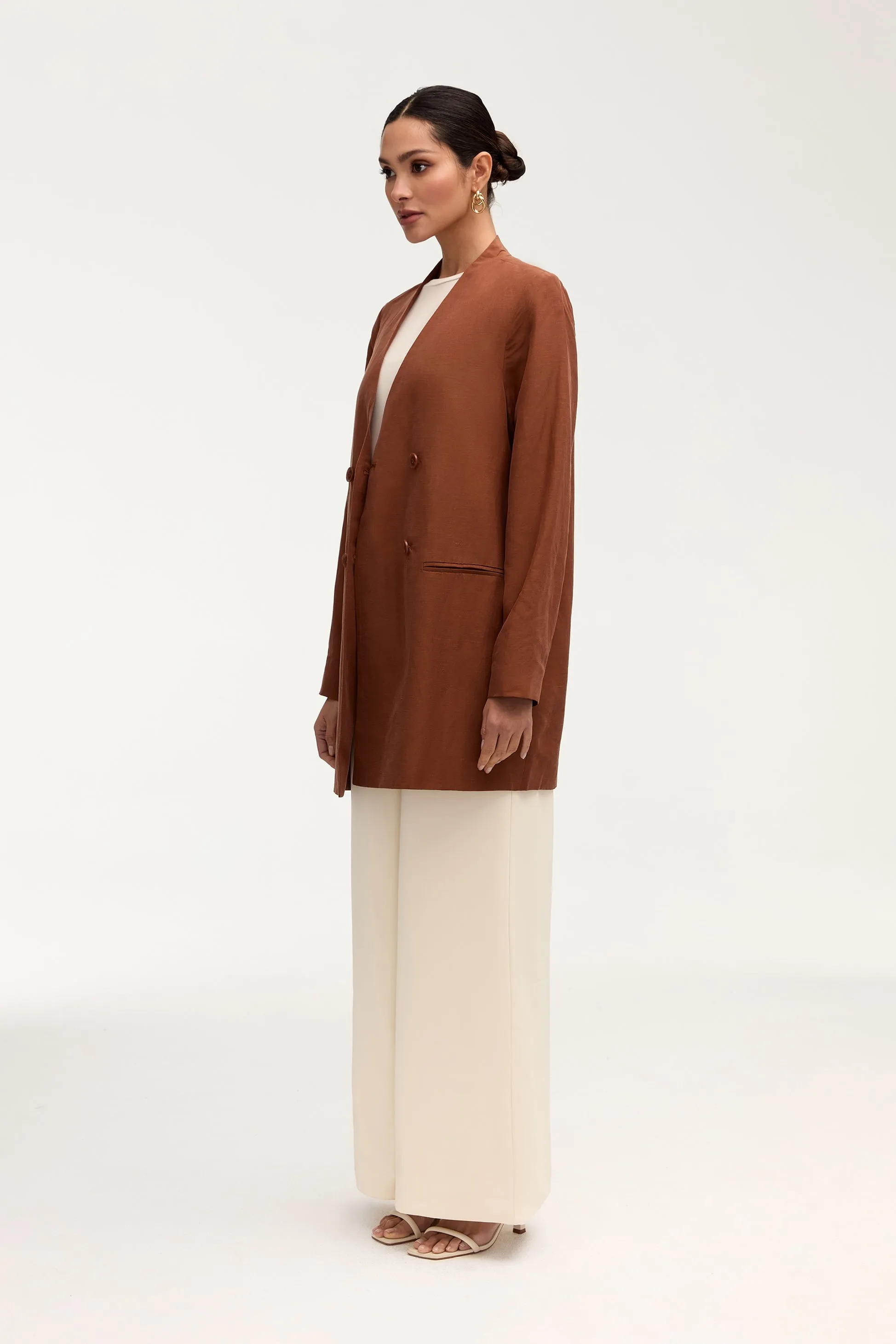 Longline Cupro Linen Oversized Blazer - Baked Clay