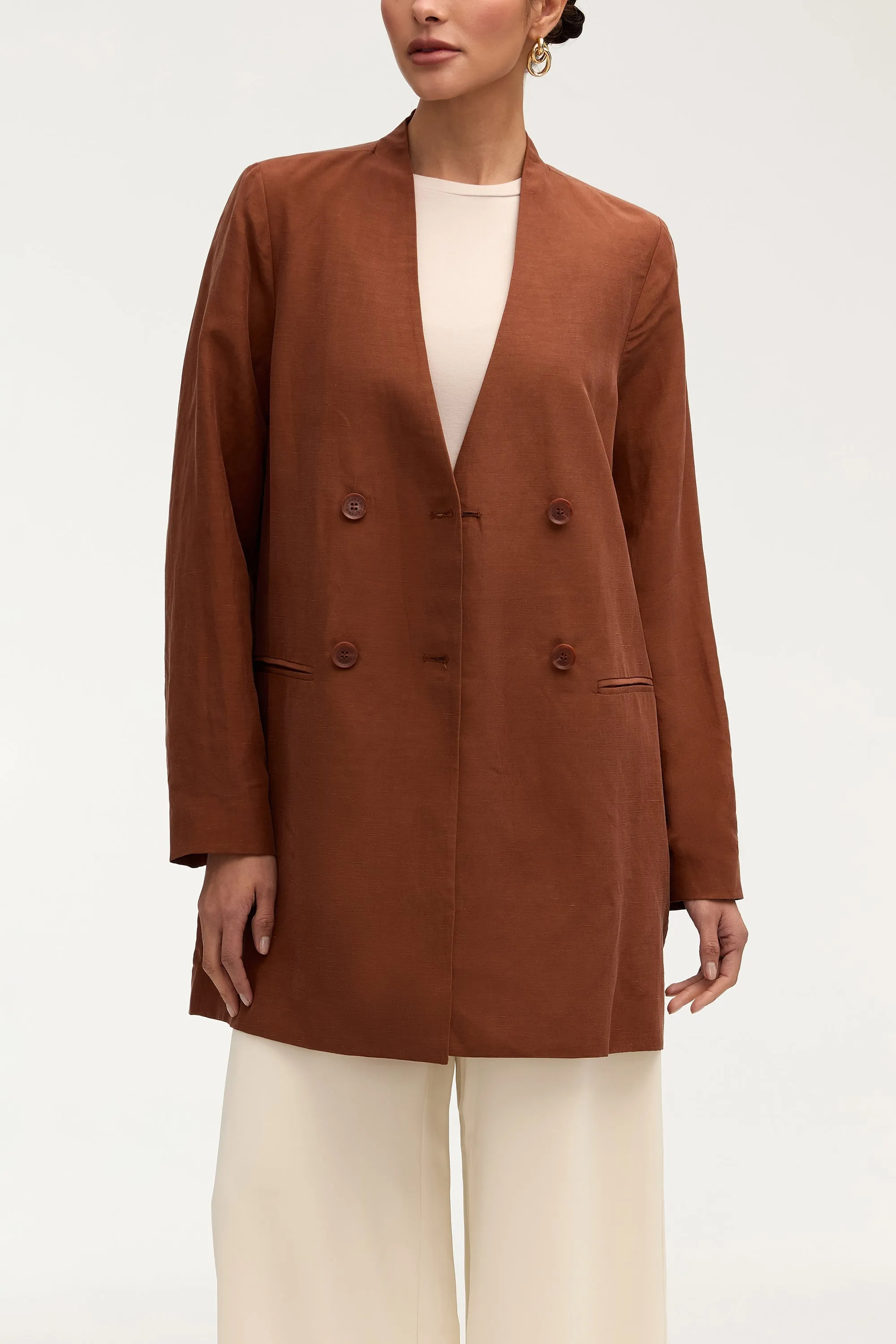 Longline Cupro Linen Oversized Blazer - Baked Clay