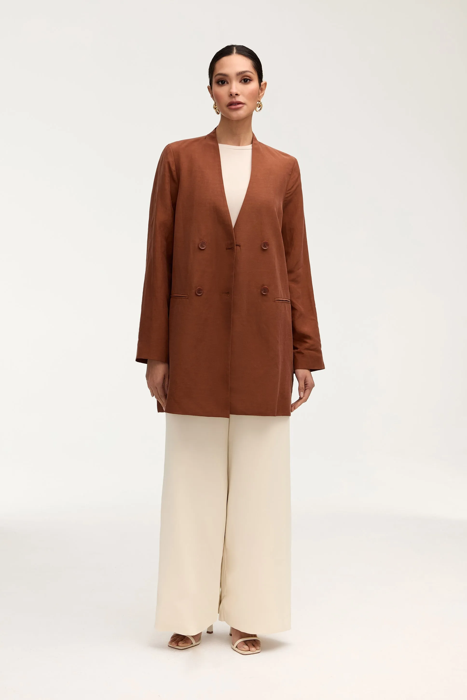 Longline Cupro Linen Oversized Blazer - Baked Clay