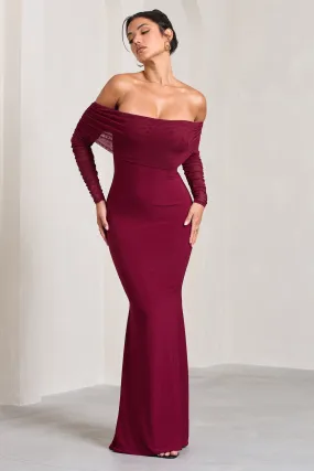 Madeleine | Berry Fishtail Maxi Dress With Bardot Mesh Long Sleeves