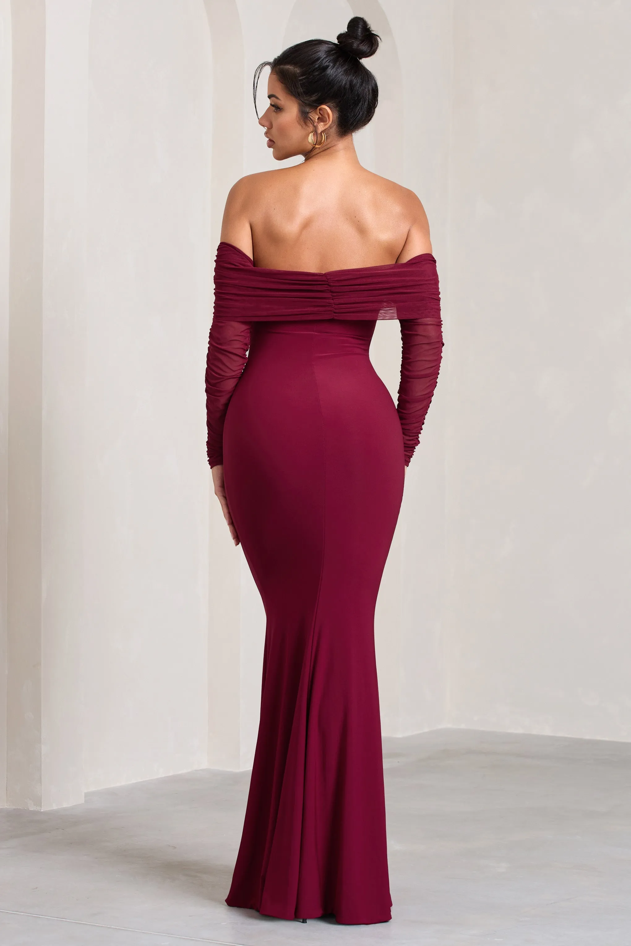 Madeleine | Berry Fishtail Maxi Dress With Bardot Mesh Long Sleeves