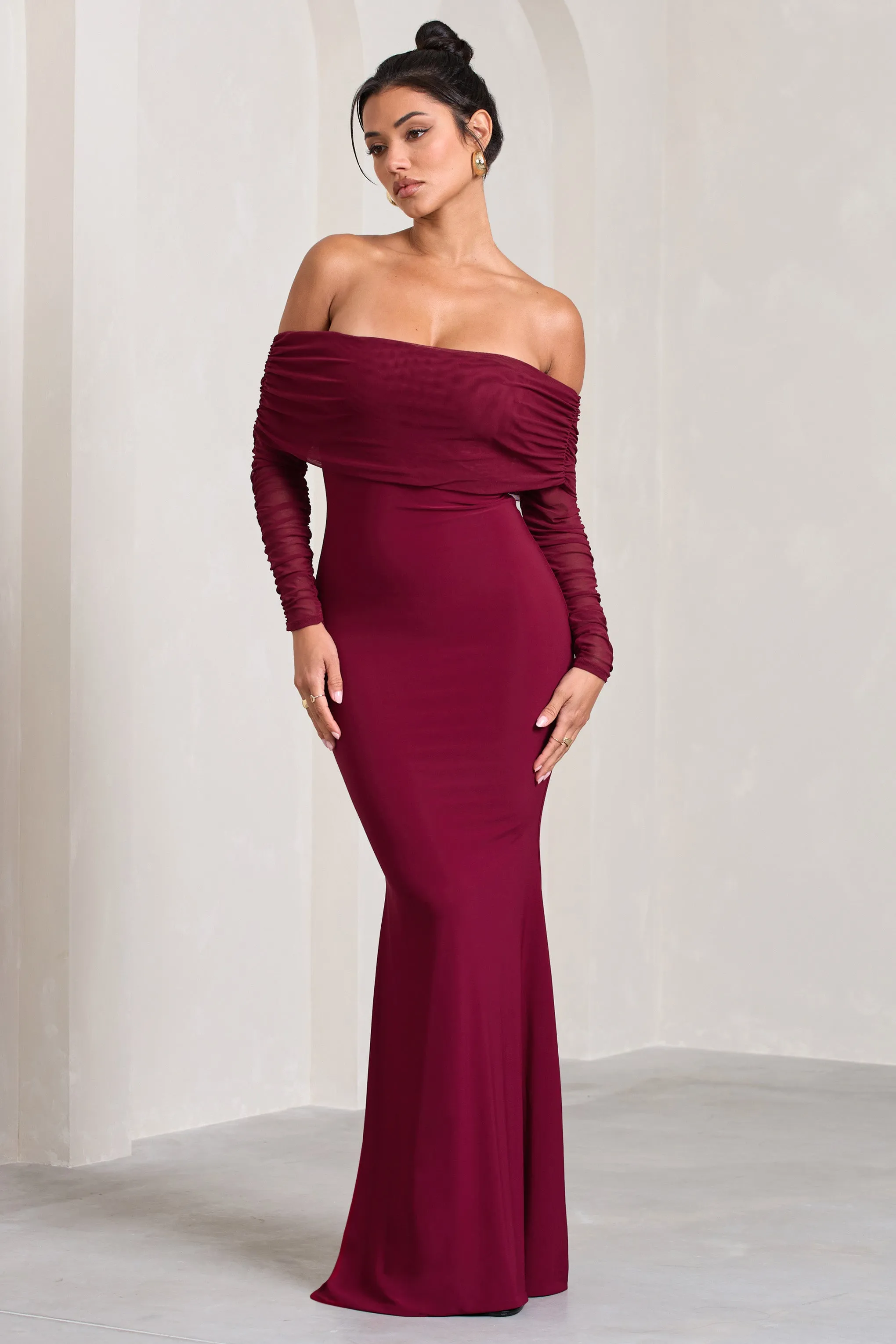 Madeleine | Berry Fishtail Maxi Dress With Bardot Mesh Long Sleeves