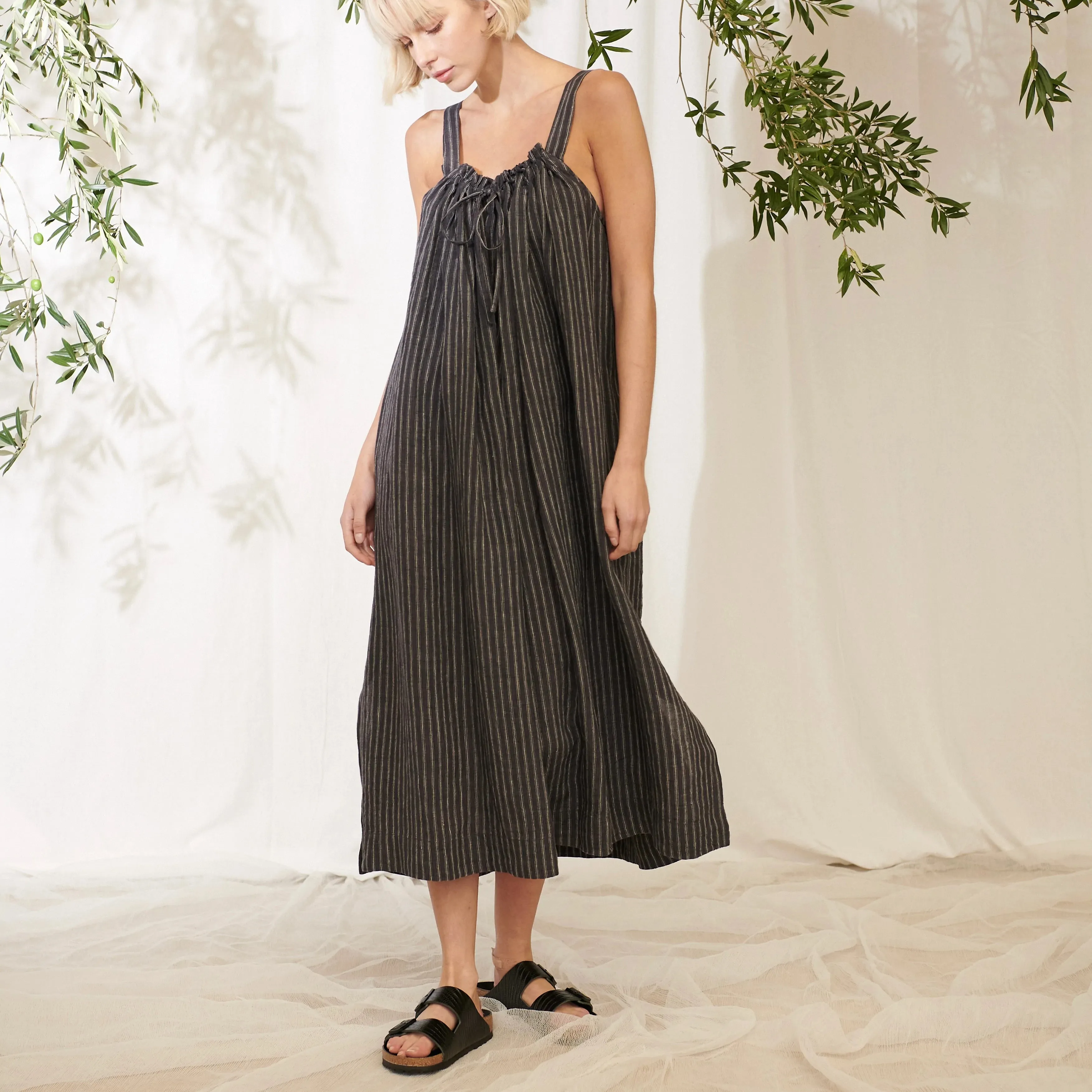 Manteau Noir Marisol Ticking Stripe Linen Slip Dress