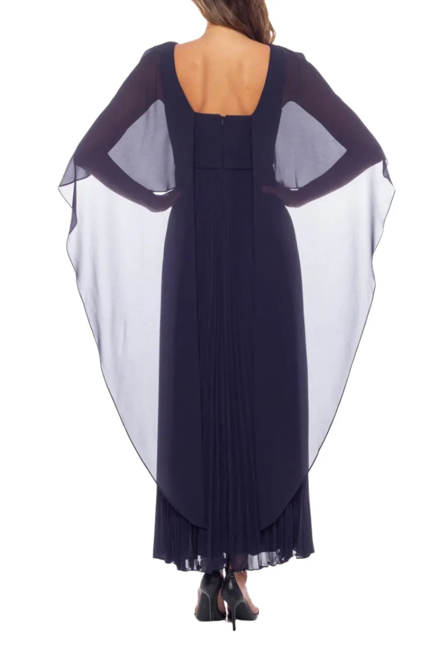 Marina boat neck capelet pleated front zipper closure solid crepe chiffon gown