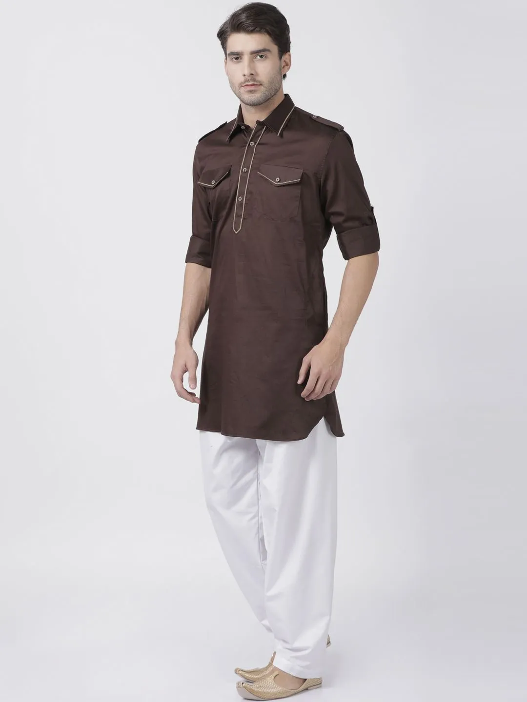 Men's Brown Cotton Blend Pathani Suit Set