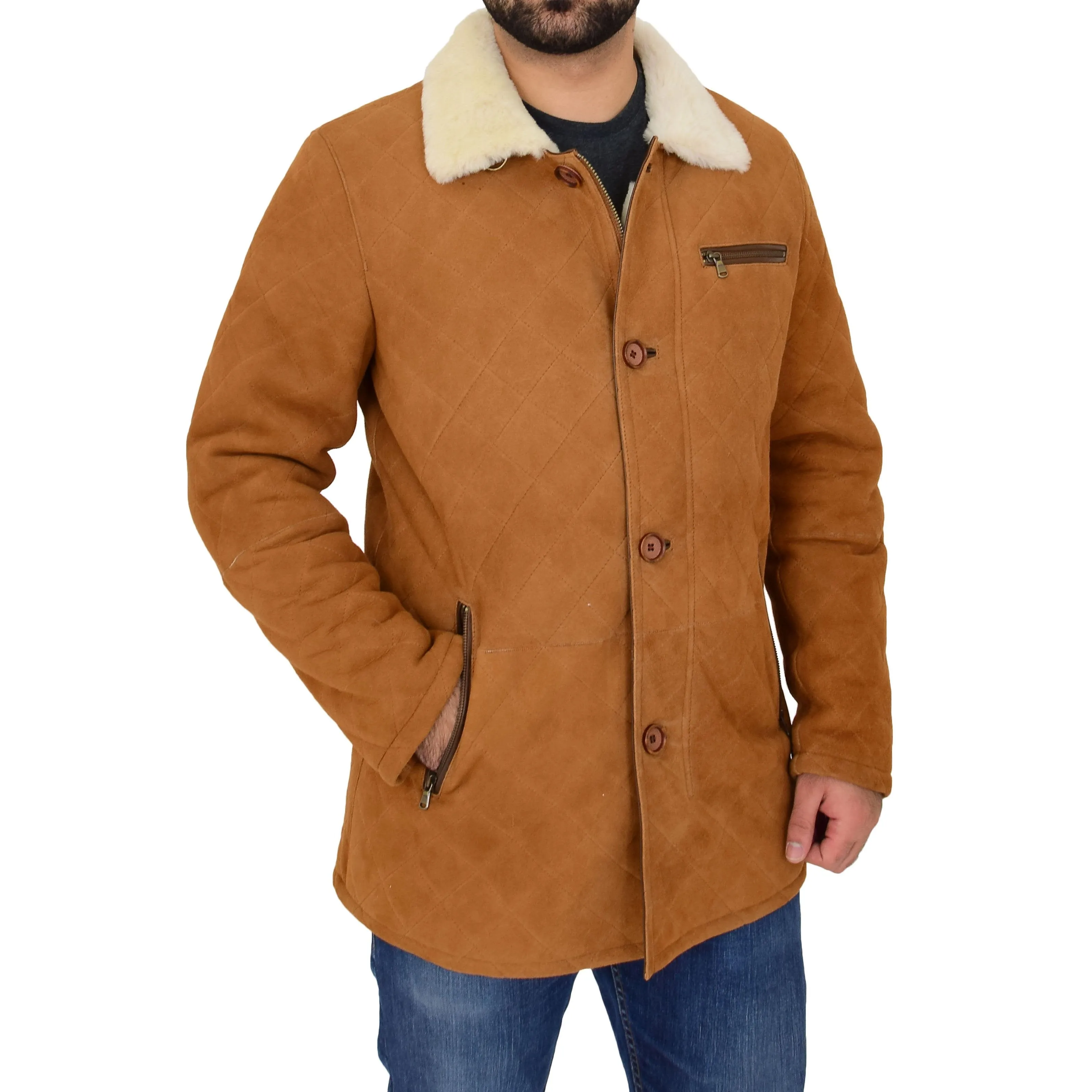 Mens Genuine Sheepskin Jacket Shearling 3/4 Long Coat Hank Cognac