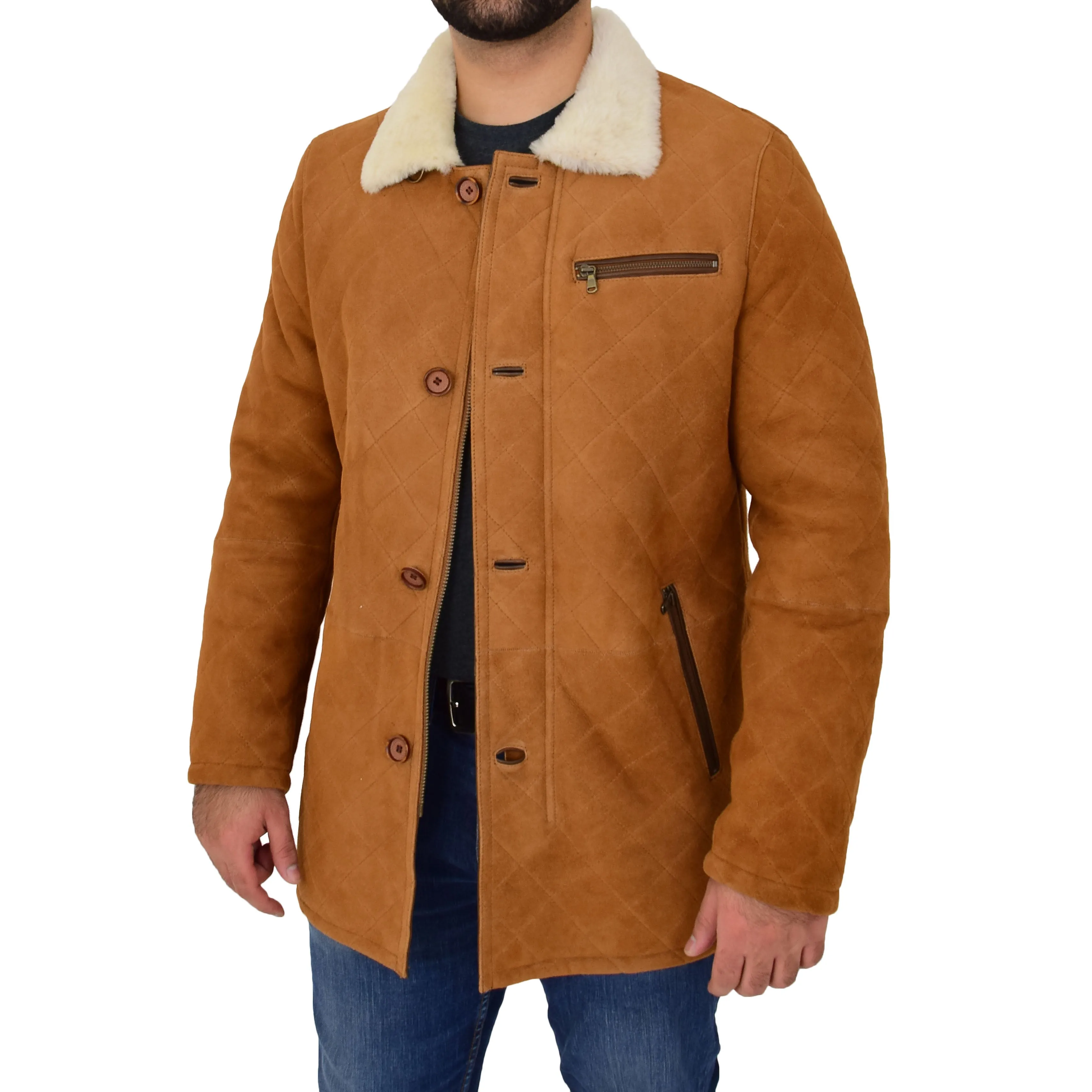 Mens Genuine Sheepskin Jacket Shearling 3/4 Long Coat Hank Cognac