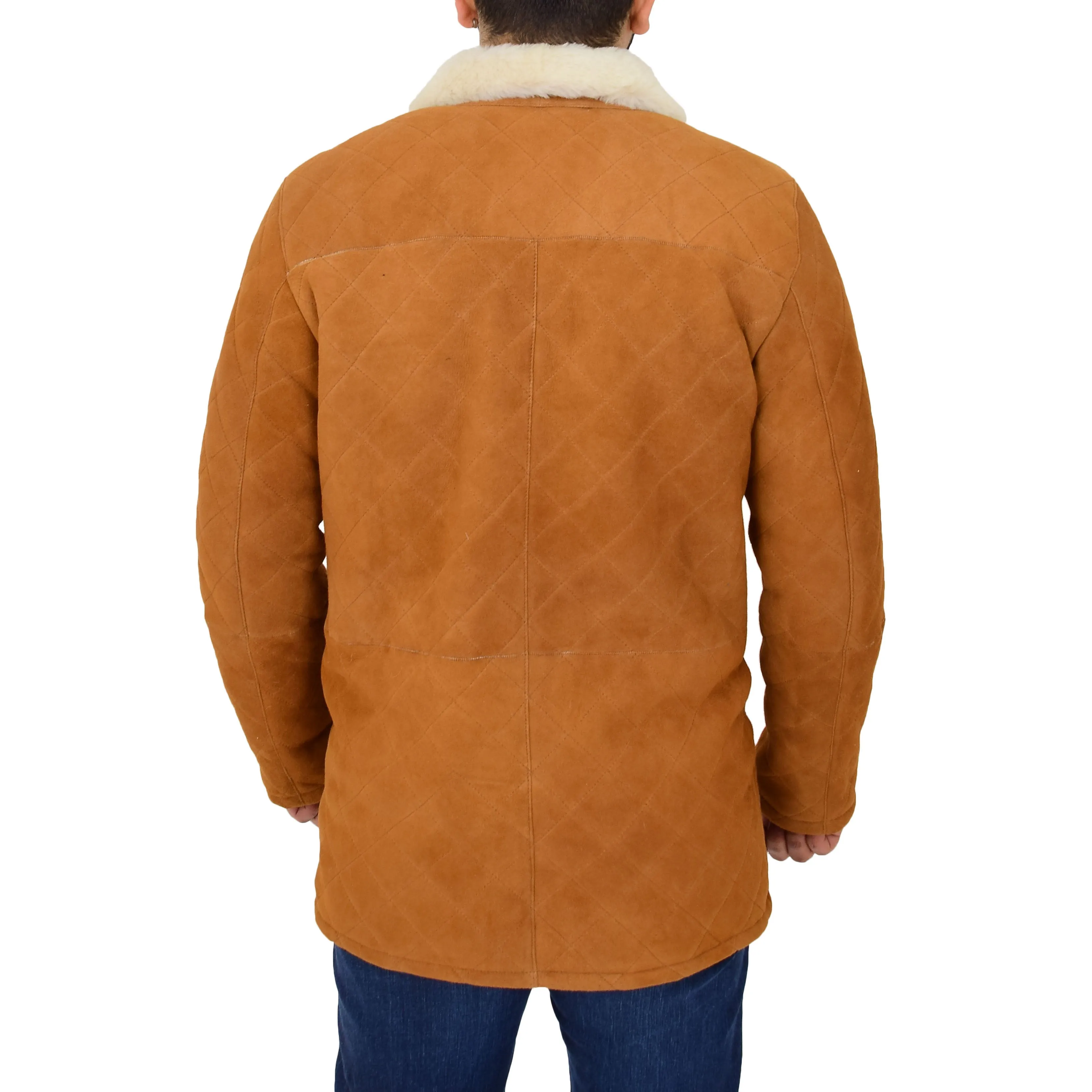 Mens Genuine Sheepskin Jacket Shearling 3/4 Long Coat Hank Cognac