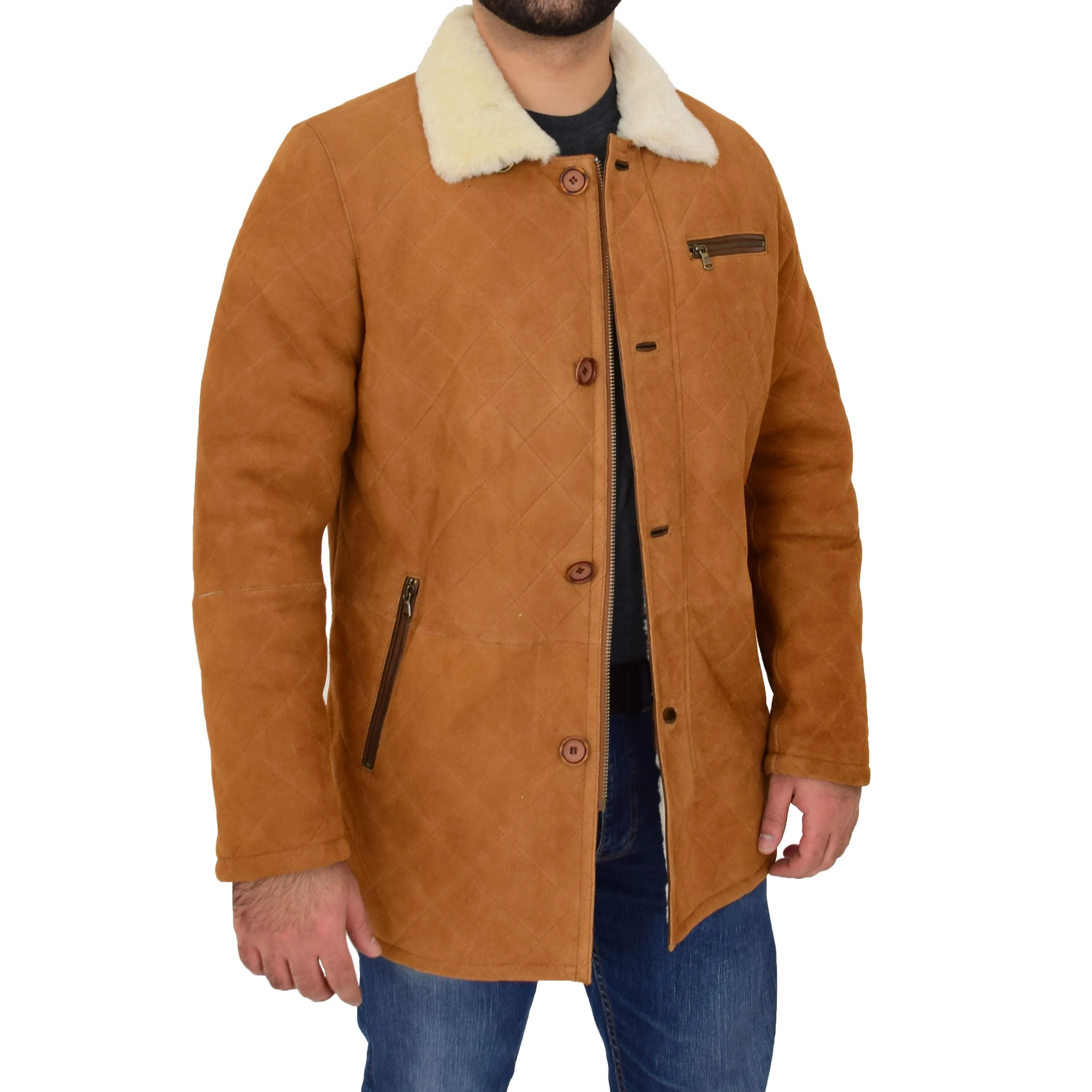 Mens Genuine Sheepskin Jacket Shearling 3/4 Long Coat Hank Cognac