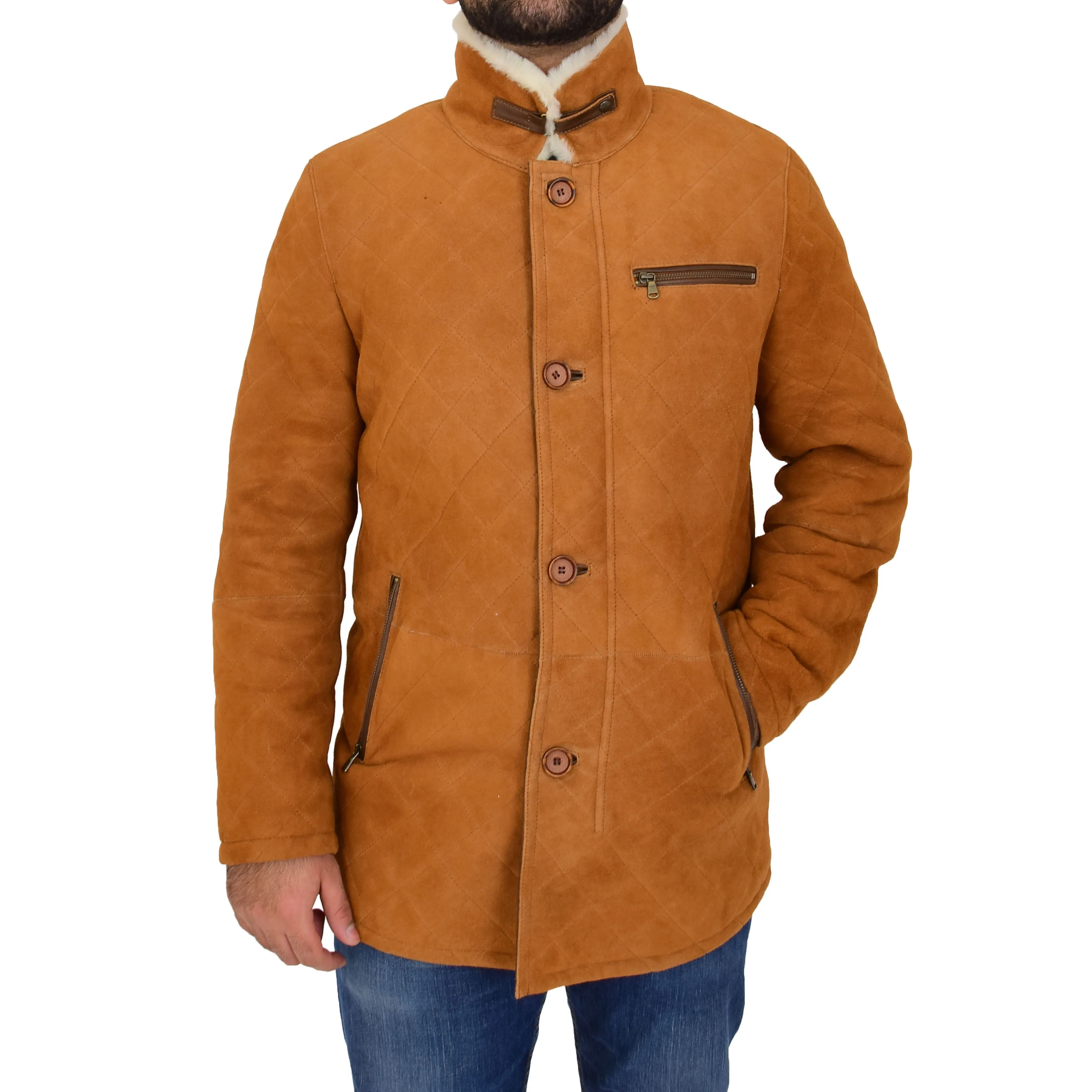 Mens Genuine Sheepskin Jacket Shearling 3/4 Long Coat Hank Cognac