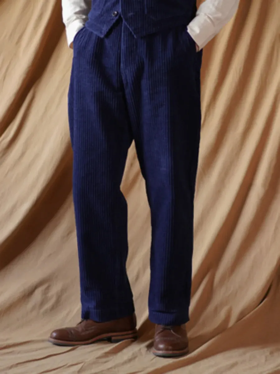 Men's Indigo Corduroy Work Pants - Straight High Waist Trousers