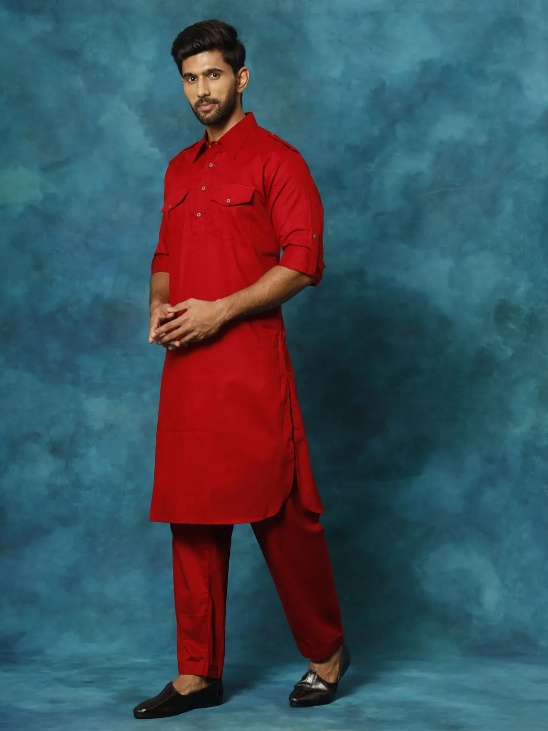 Men's Maroon Cotton Pathani Suit Set