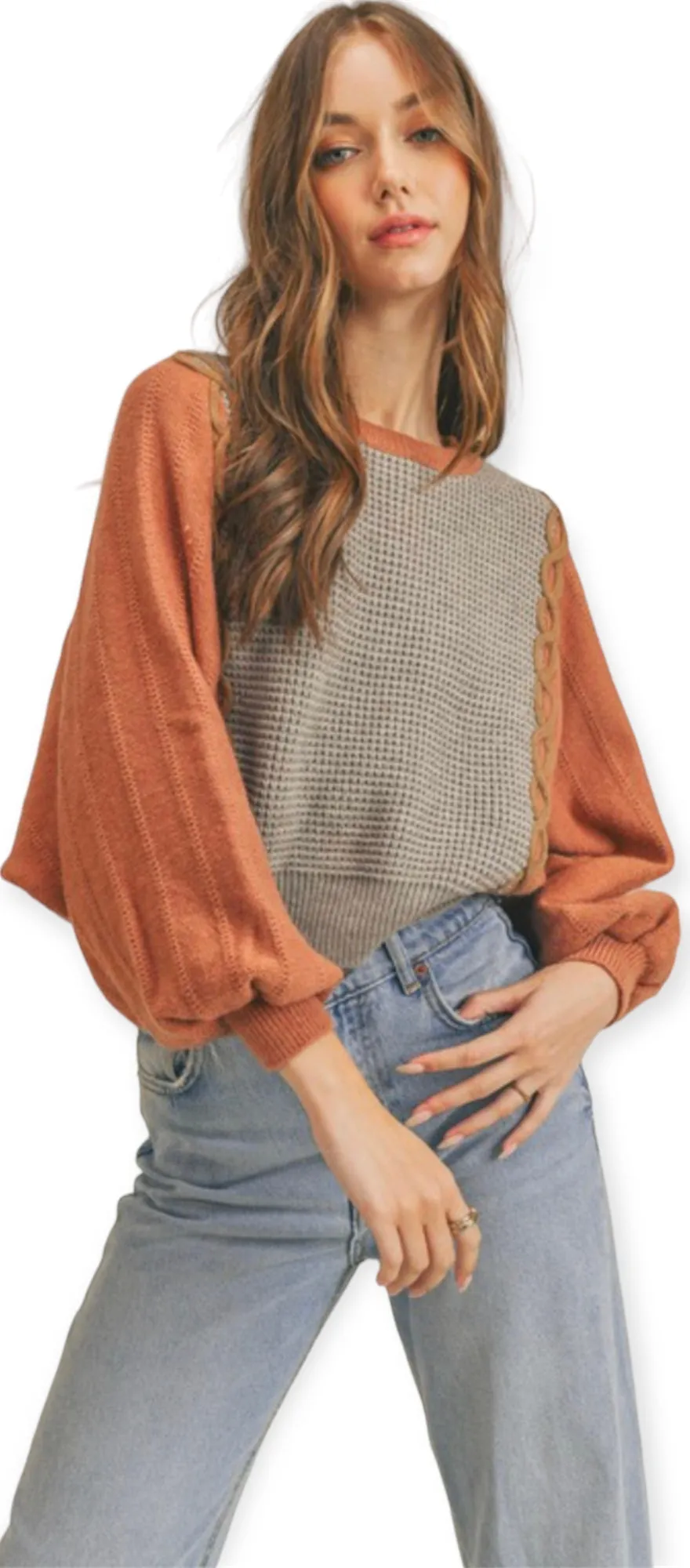 Mixed Knit Batwing Sweater- Copper