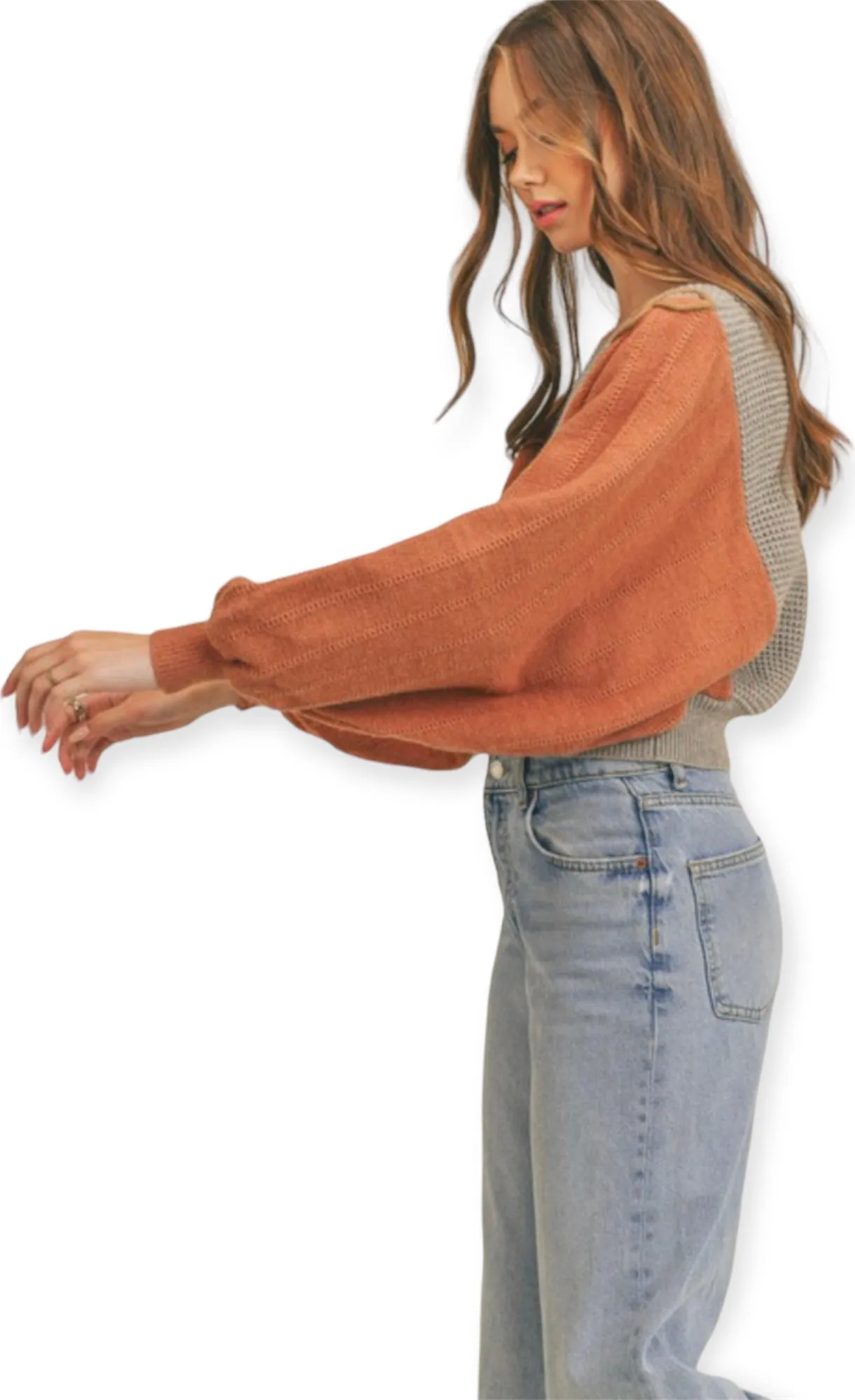 Mixed Knit Batwing Sweater- Copper