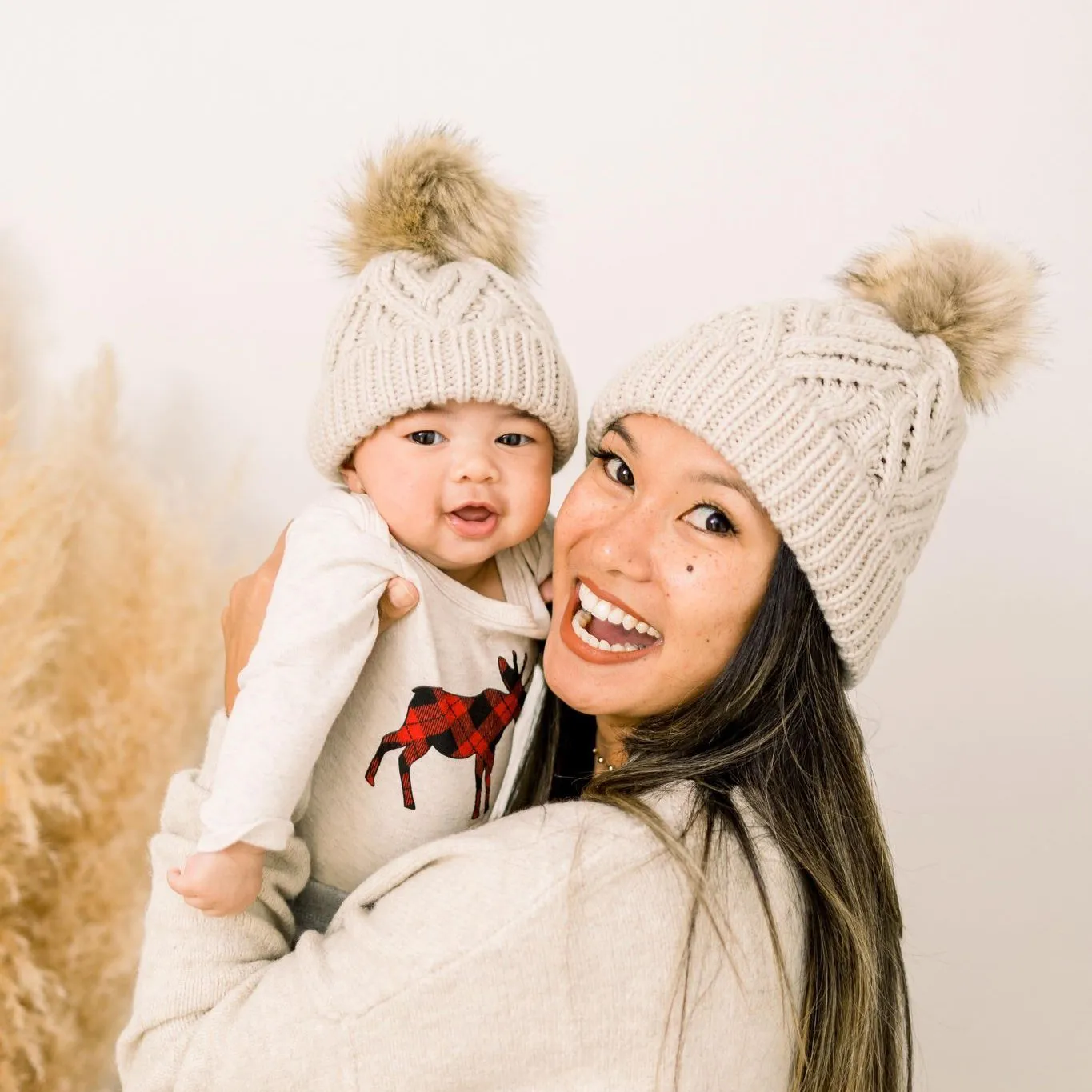 Oatmeal Pop Pom Pom Beanie Hat for Babies thru Adults