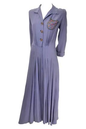 Periwinkle Blue Purple 1940's Vintage Dress Long with Pleats and Beading 8