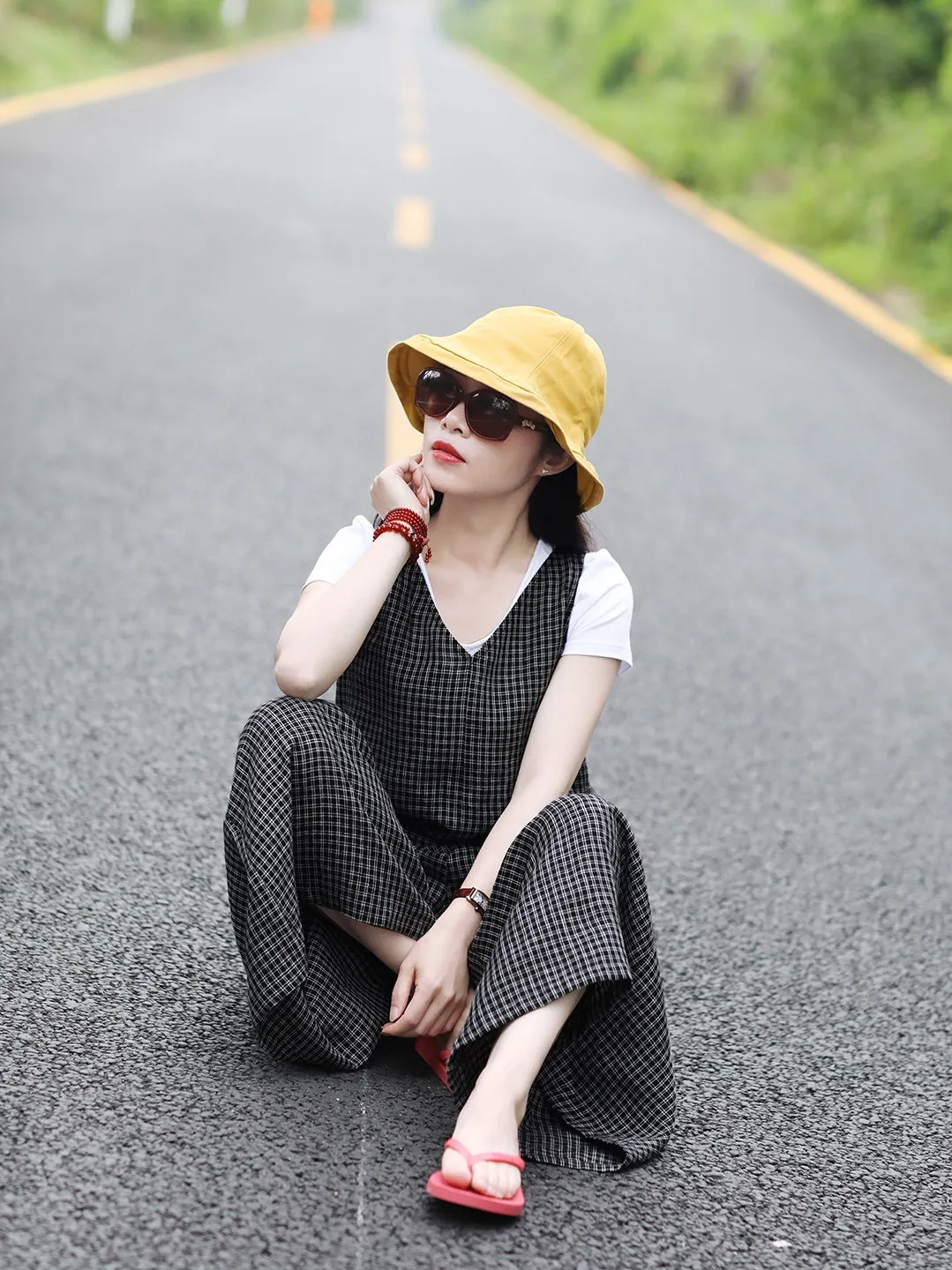 Plaid Linen Summer Jumpsuits Autumn Women Overall Casual Pants SMM97219