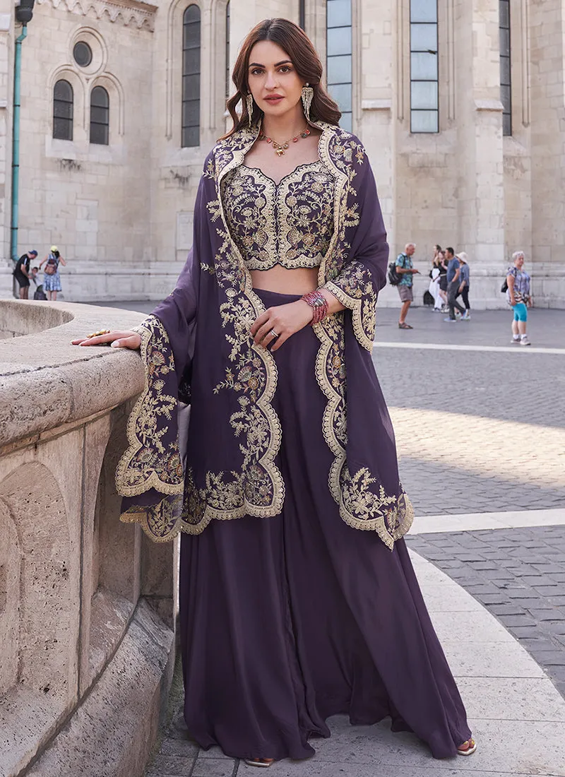 Purple Embroidered Cape Style Designer Palazzo Suit