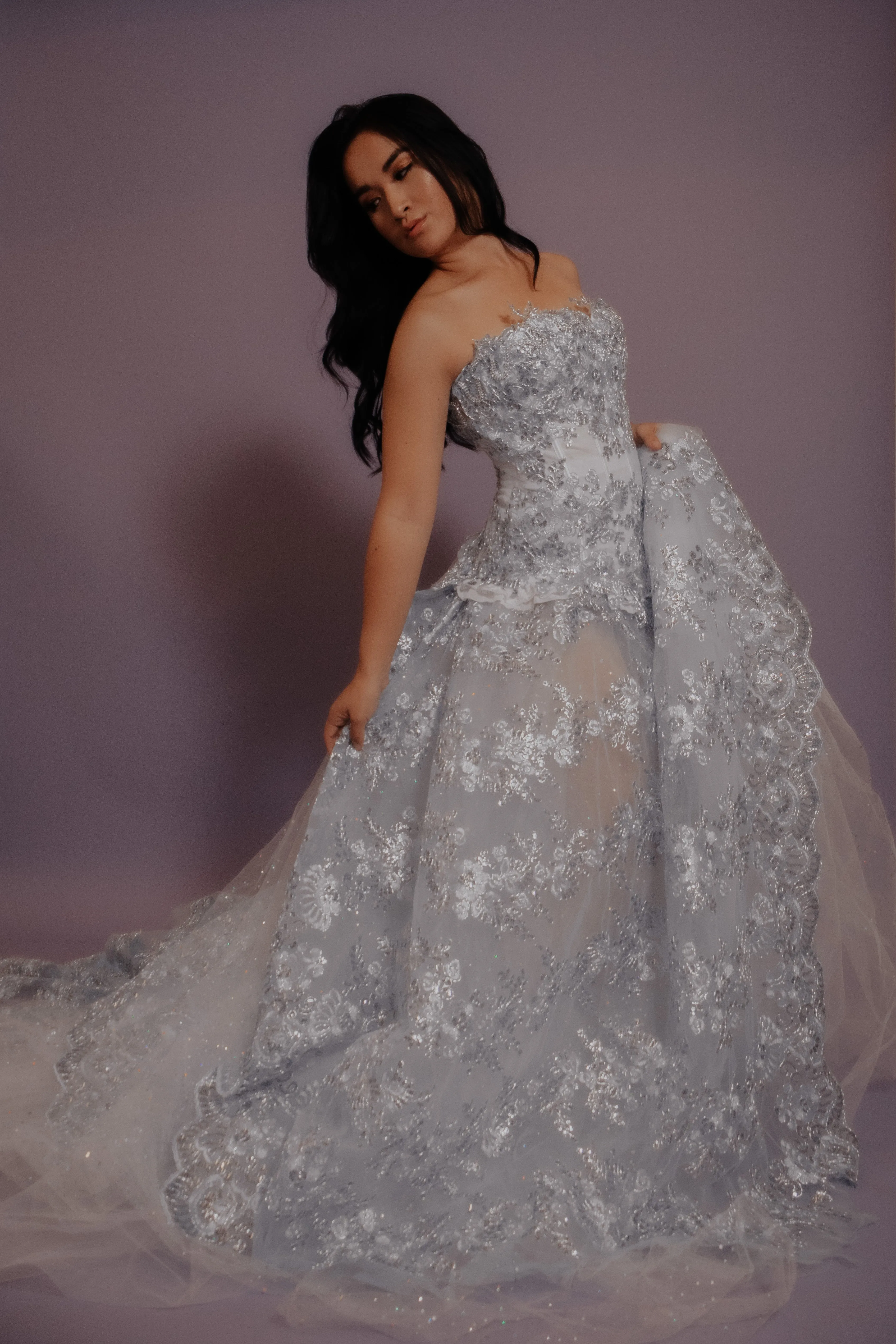 "KARA" Ice Blue Silver Embroidered Sequin Lace & Tulle White Wedding Ballgown Set