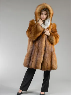 Real Red Fox Fur Coat Hooded