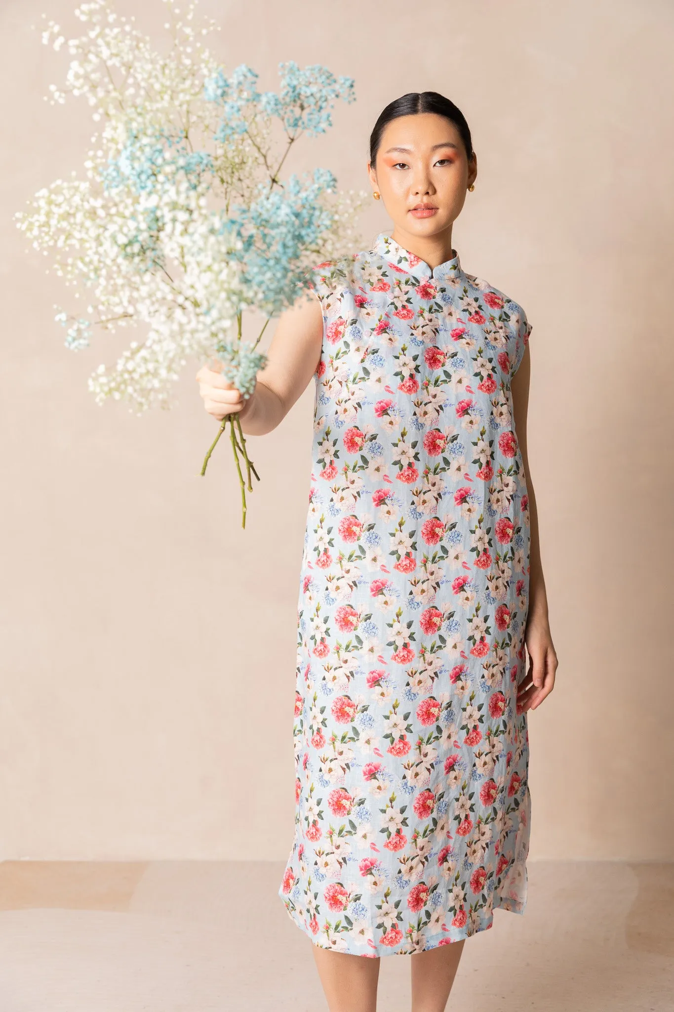 Retro Blue Peony Print Cap Sleeve Cheongsam Dress