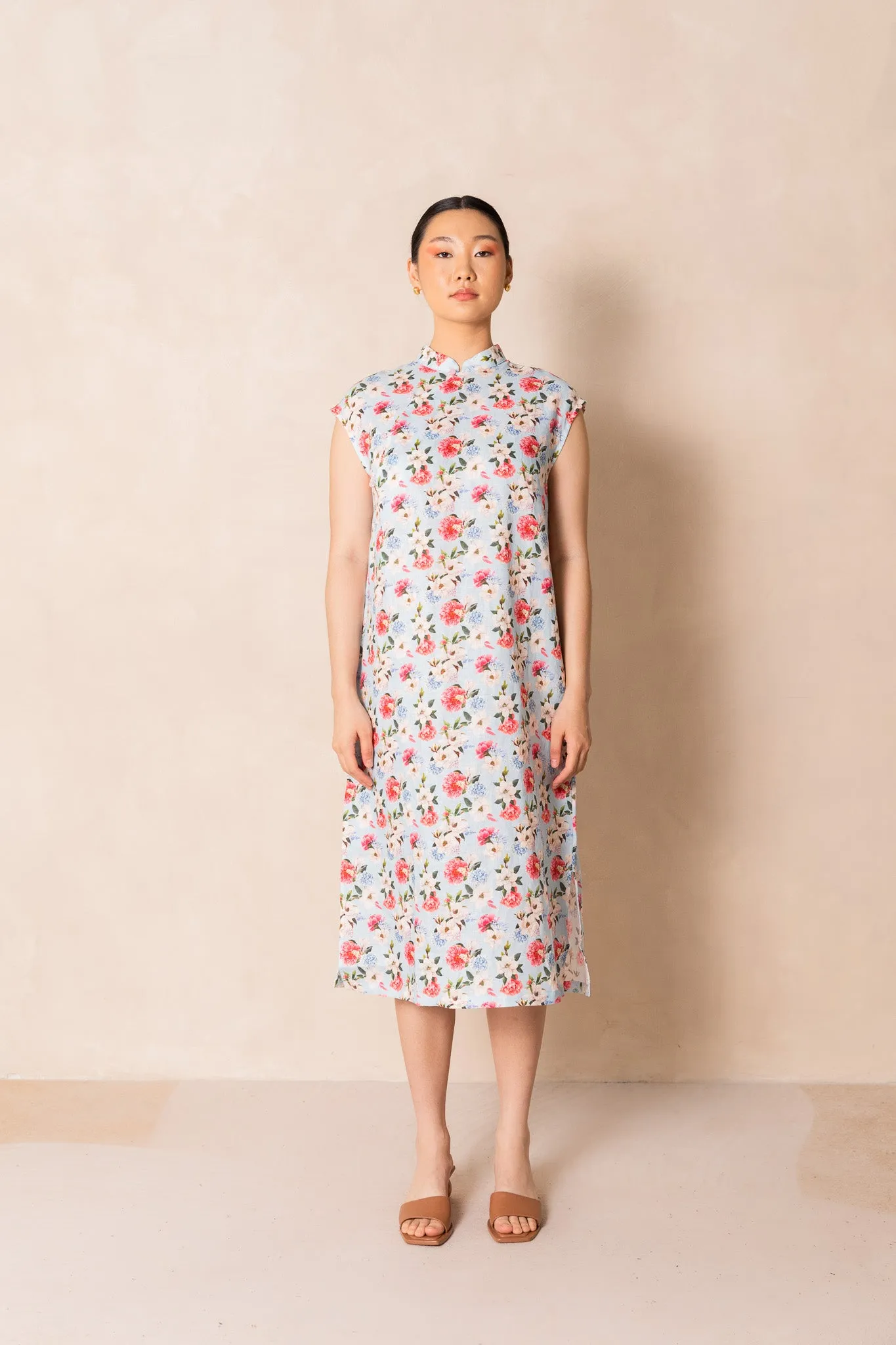 Retro Blue Peony Print Cap Sleeve Cheongsam Dress