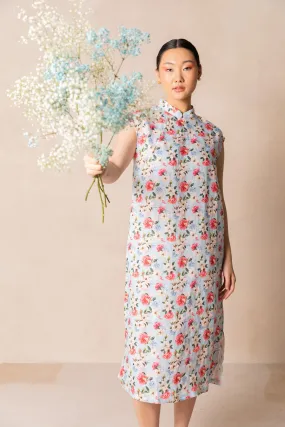 Retro Blue Peony Print Cap Sleeve Cheongsam Dress